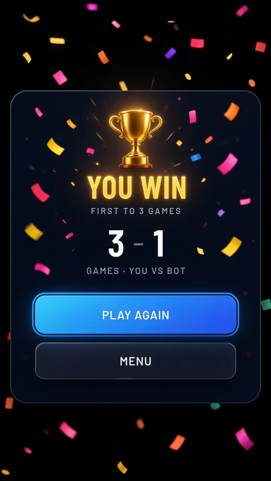 You win screen after a best-of-five table tennis match against the bot